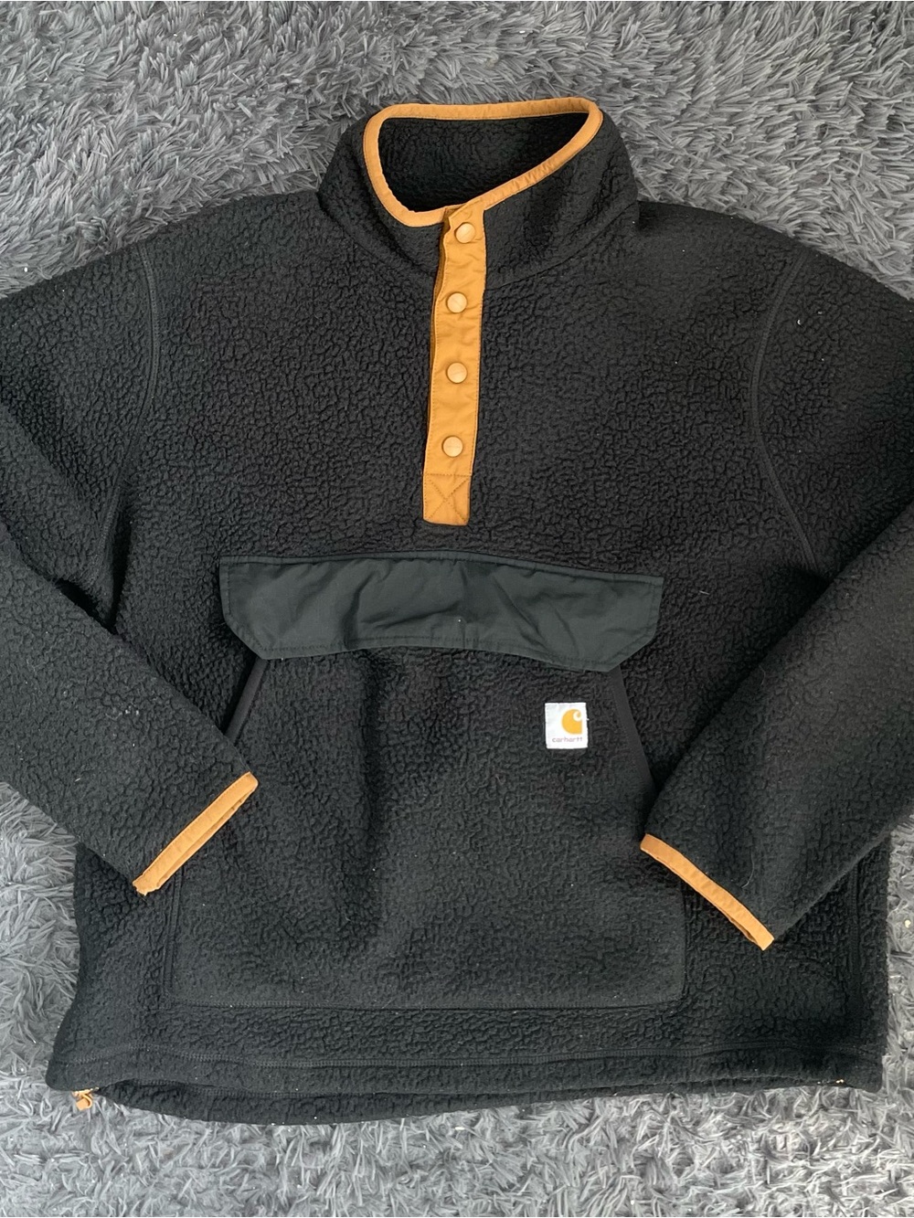 Men Size L Carhartt Black Fleece Snap Button Pullover Relaxed Fit Sherpa Jacket
